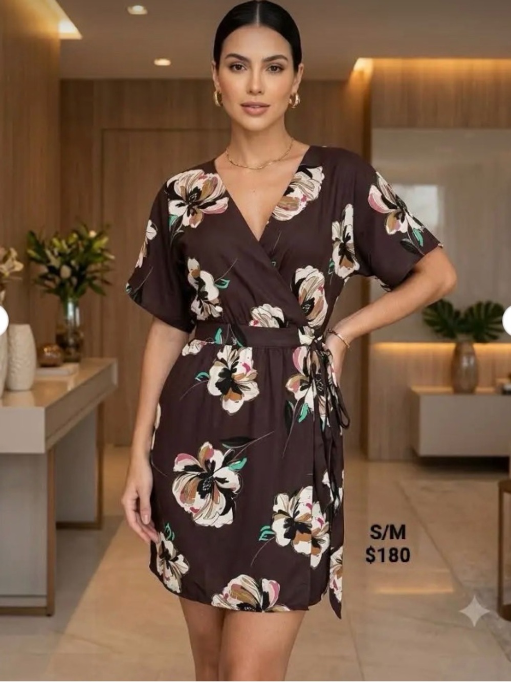 Ann Taylor Brown Floral Wrap Dress with Cream and Pink Blooms